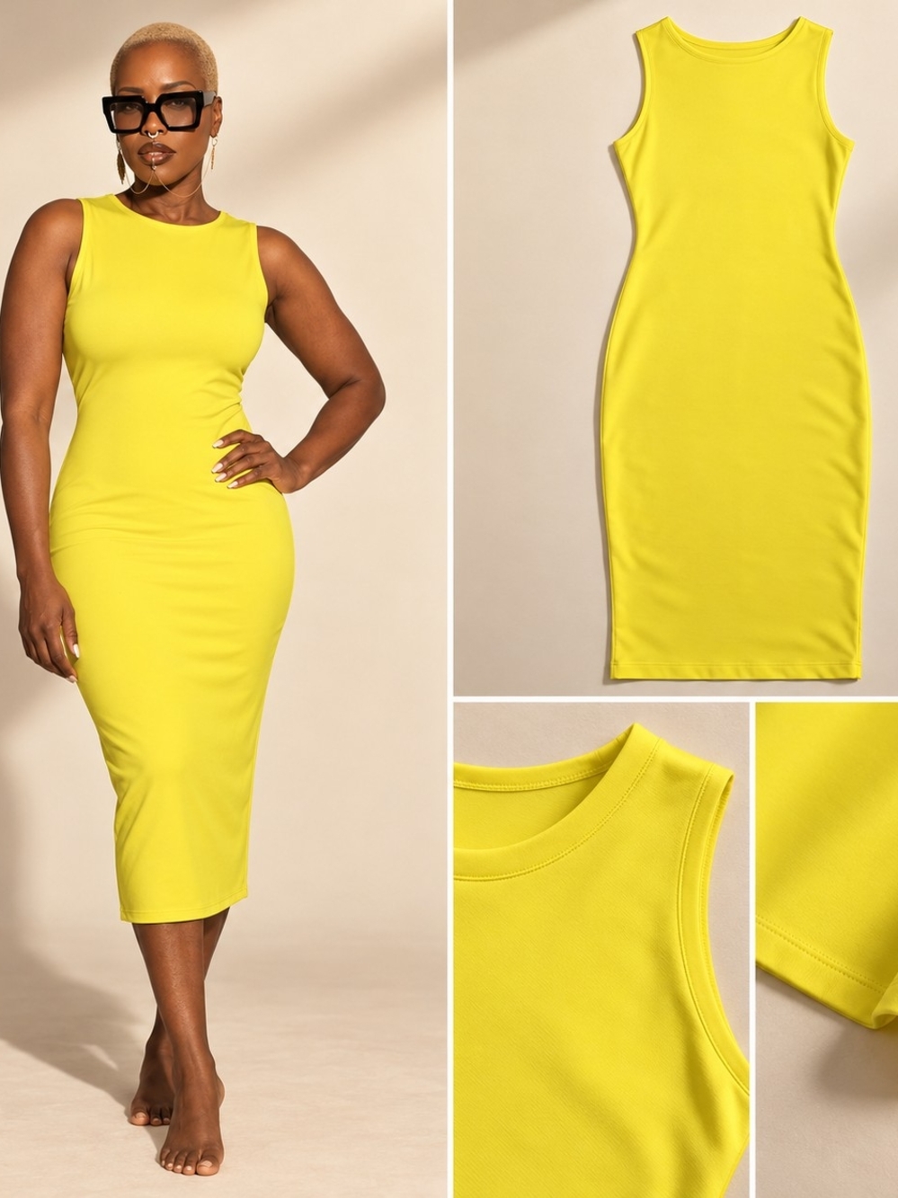 Sleeveless Bodycon Midi Dress in Yellow